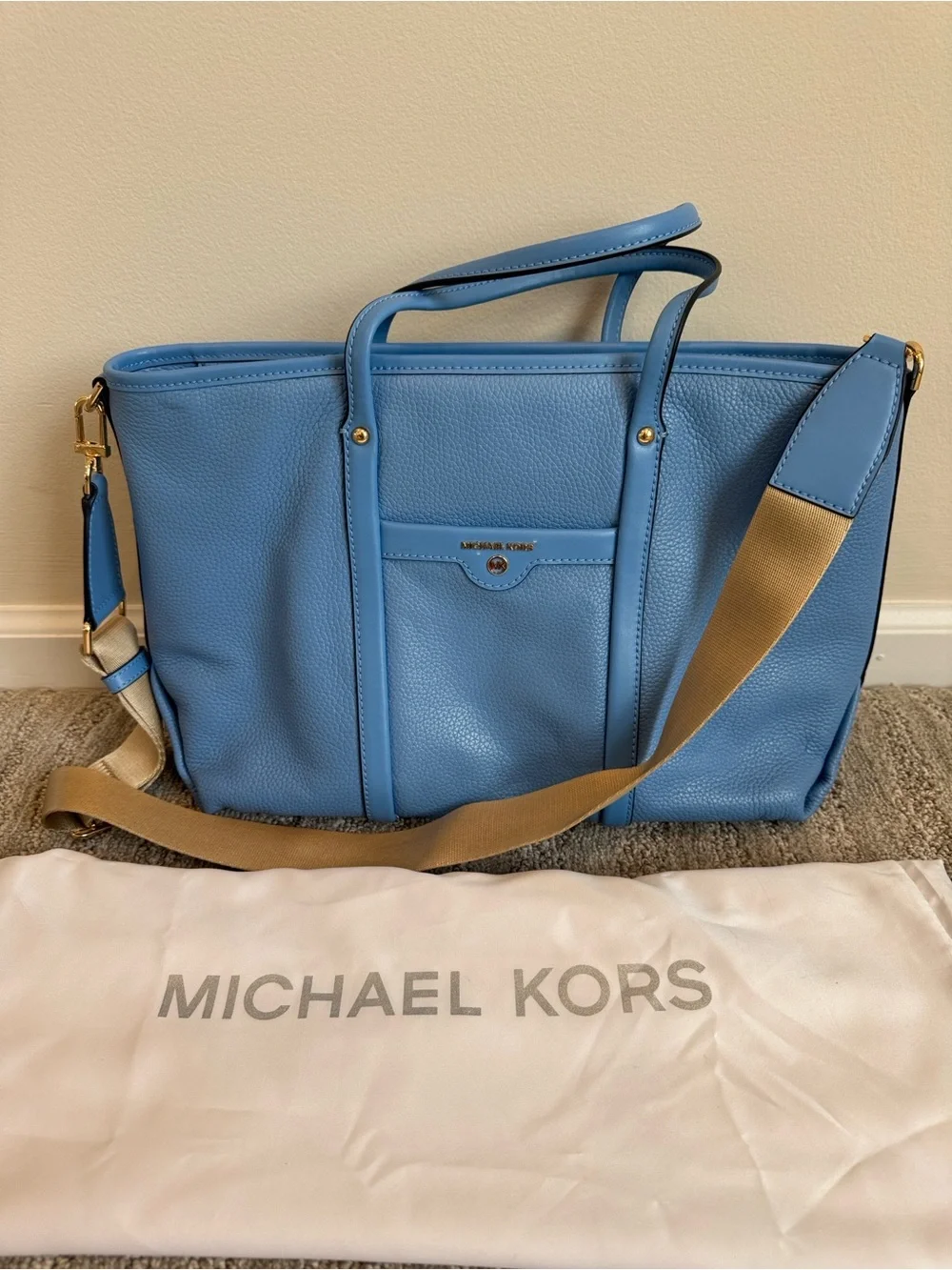 Michael Kors Sky Blue Pebble Leather Tote with Tan Strap